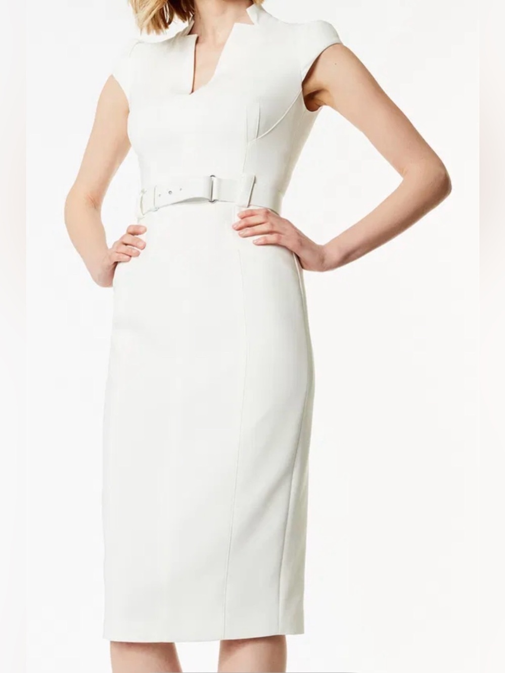 Karen Millen NWT Tall Structured Crepe Forever Cap Sleeve Belted Dress. (Mox30)